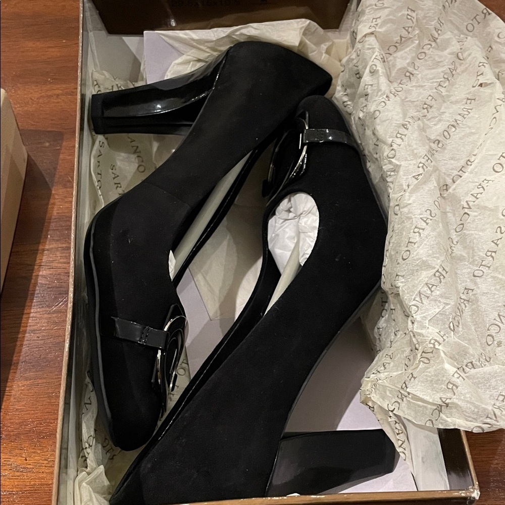 Franco Sarto Black Suede Heels with Silver Buckle